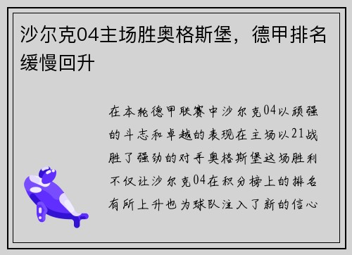沙尔克04主场胜奥格斯堡，德甲排名缓慢回升