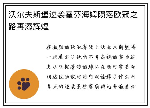 沃尔夫斯堡逆袭霍芬海姆陨落欧冠之路再添辉煌